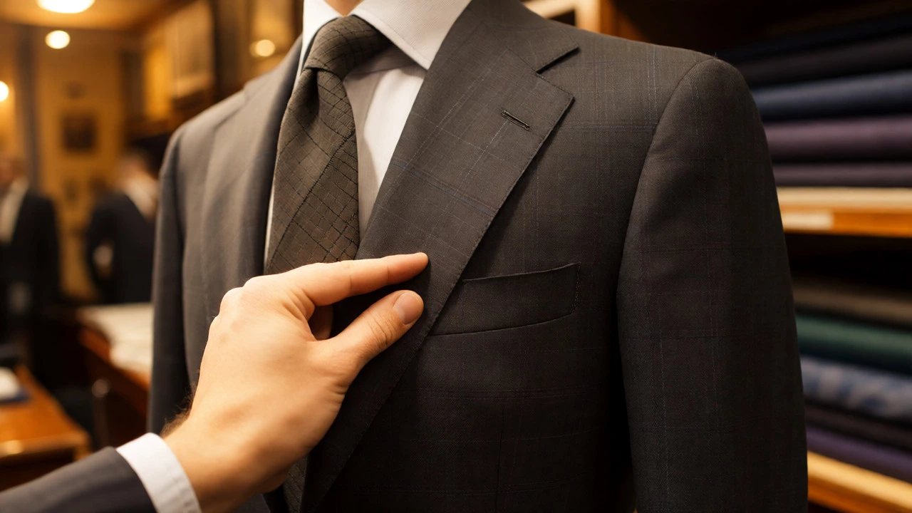 Close-up of tailored suit lapel showing canvas structure