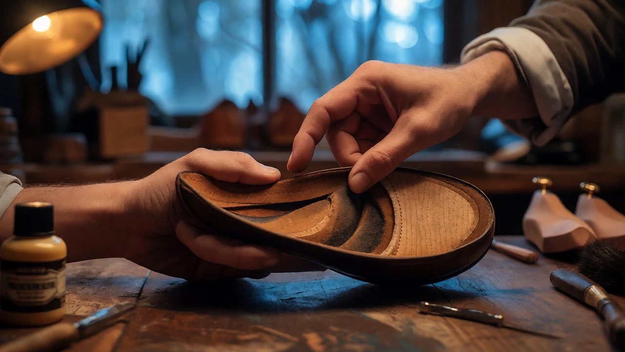 Cobbler inspecting cork filler inside a leather shoe on a warm workshop bench with tools