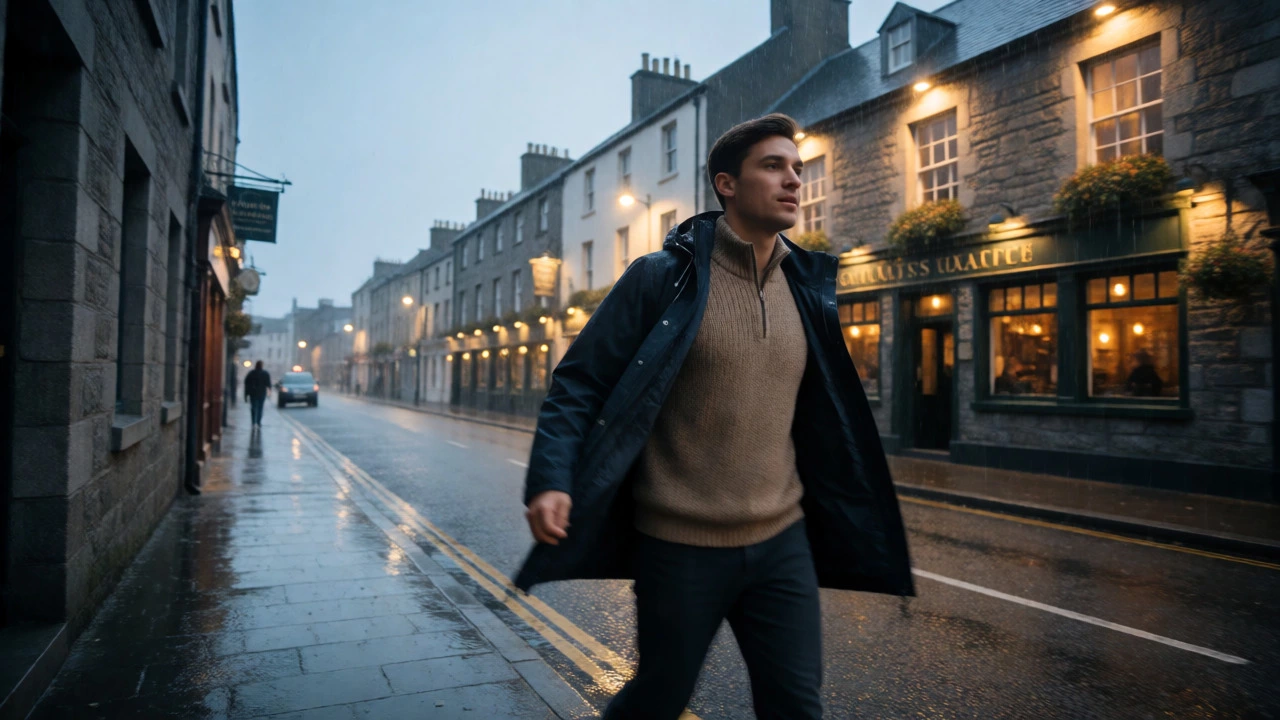 Commuter adjusting jacket layers on a rainy street in Galway City with historic buildings