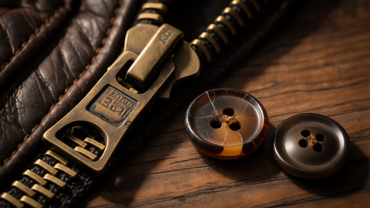 Comparison of vintage metal zippers and Bakelite buttons on a wooden table.