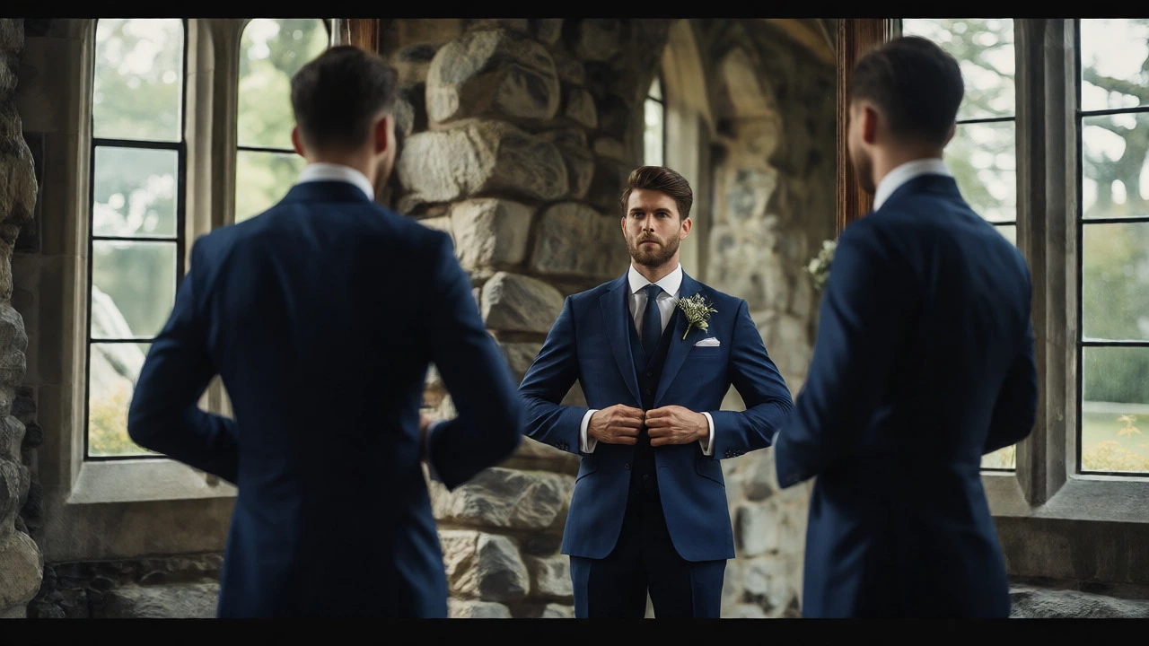 Groom adjusting his tailored navy suit in a stone-walled room with natural light before a wedding.