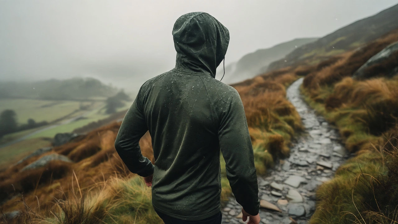 Hiker wearing a water-resistant merino hoodie on a misty trail in the Wicklow Mountains.