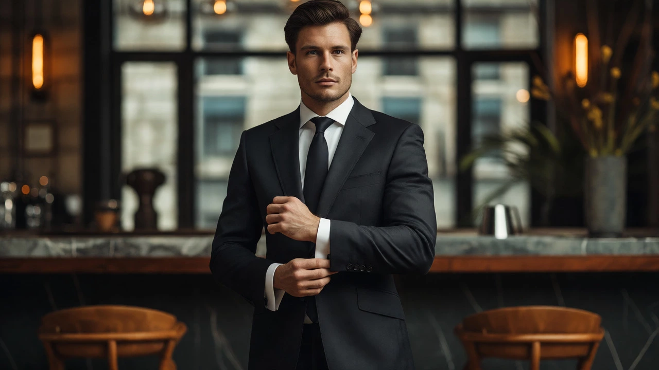 Man in a perfectly fitted bespoke suit adjusting his cuff in a modern Dublin setting.