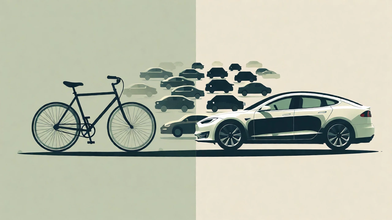 Minimalist graphic comparing a bicycle and Tesla in traffic