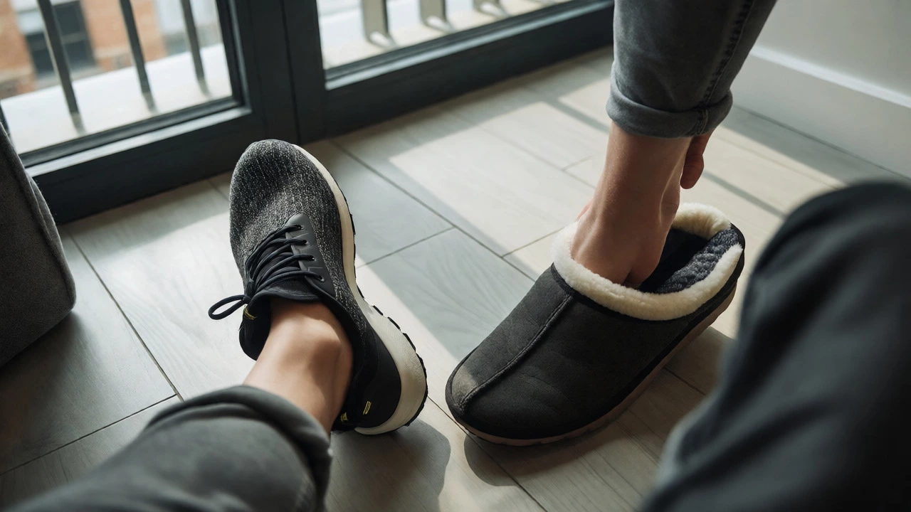 Person choosing between hybrid sneakers and thermal slippers in a modern Dublin apartment
