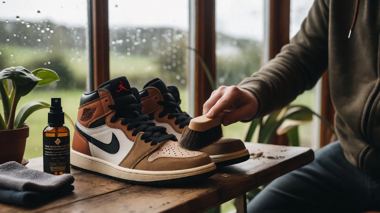 Person cleaning muddy suede Air Jordans indoors with rain visible outside