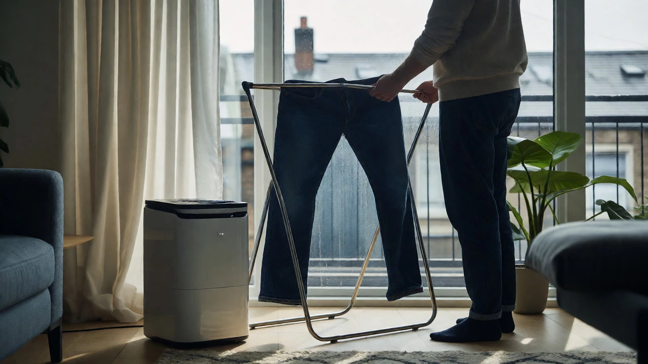 Person hanging jeans inside-out on a rack next to a dehumidifier in a Dublin apartment
