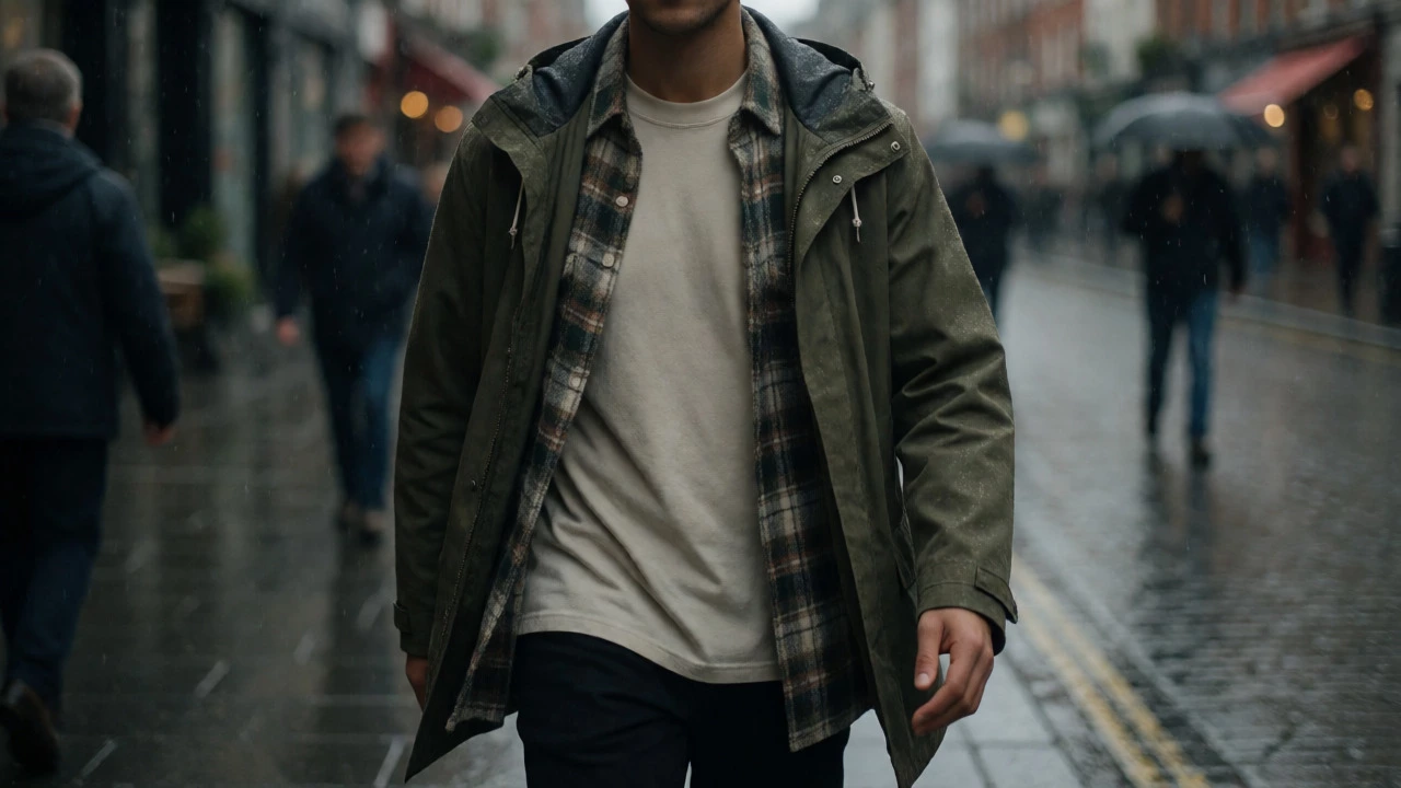 Person layering t-shirt in rainy Dublin street