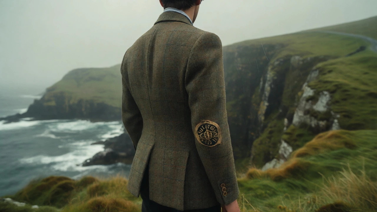 Person wearing a Harris Tweed jacket on a misty Irish coastal cliff.