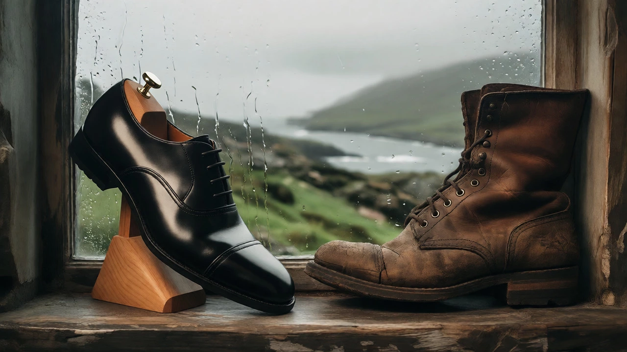 Polished Oxford and worn boot side-by-side on a windowsill overlooking misty Irish hills