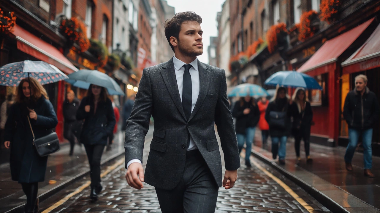 Professional in grey flannel suit walking in Dublin rain