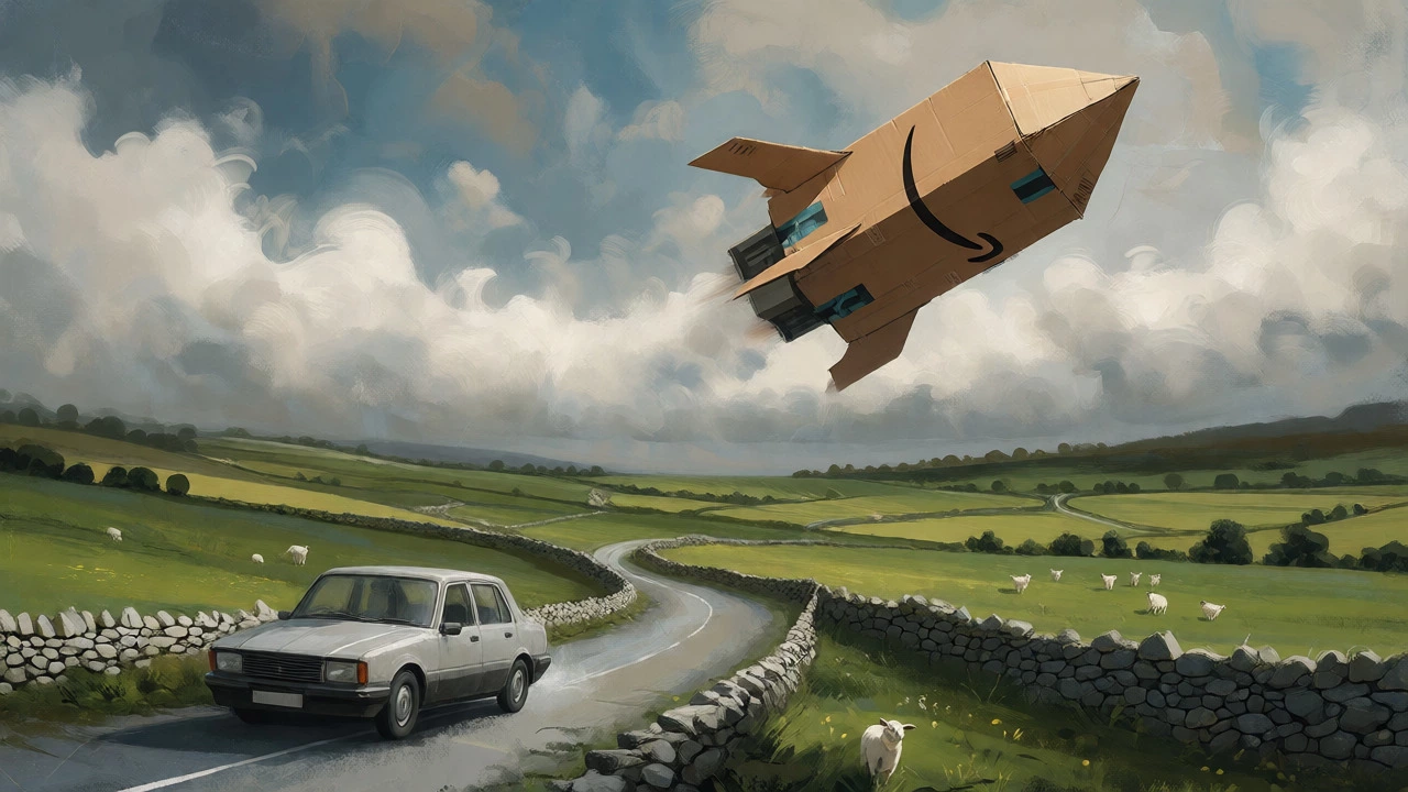 Rocket-shaped delivery box flying over a slow car in rural Ireland