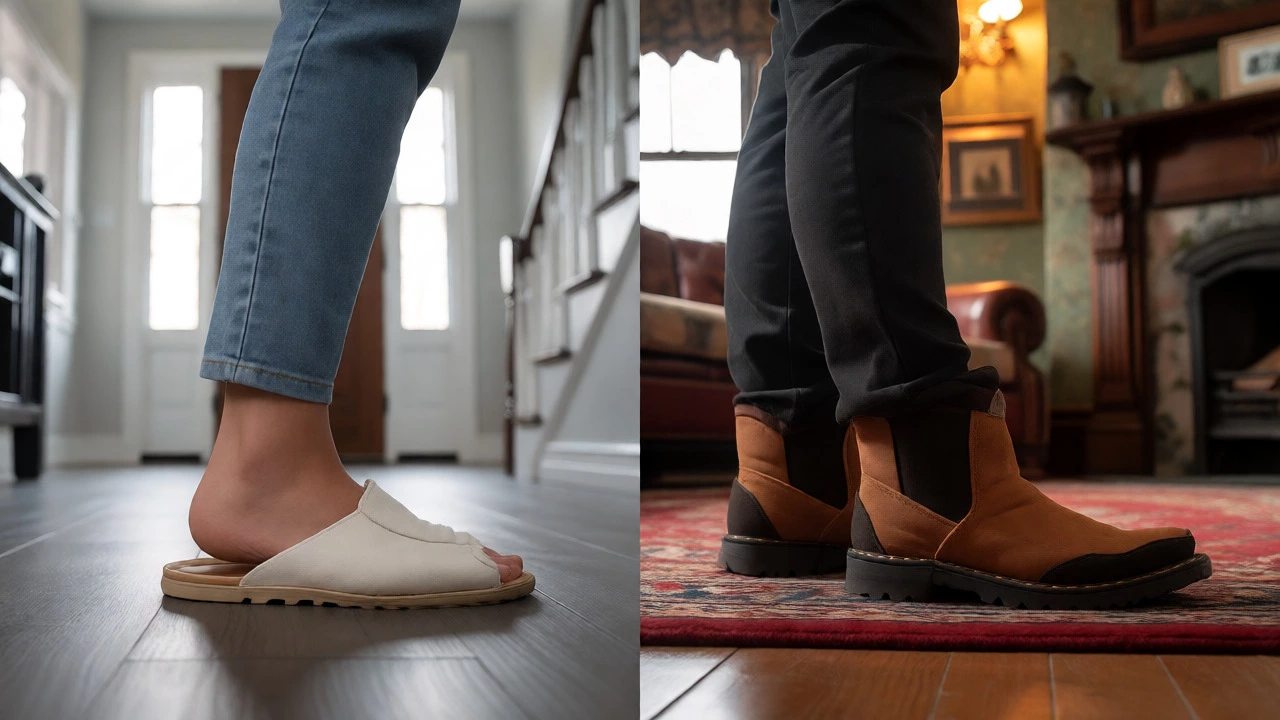 Split view showing different slipper styles in an American home versus an Irish living room