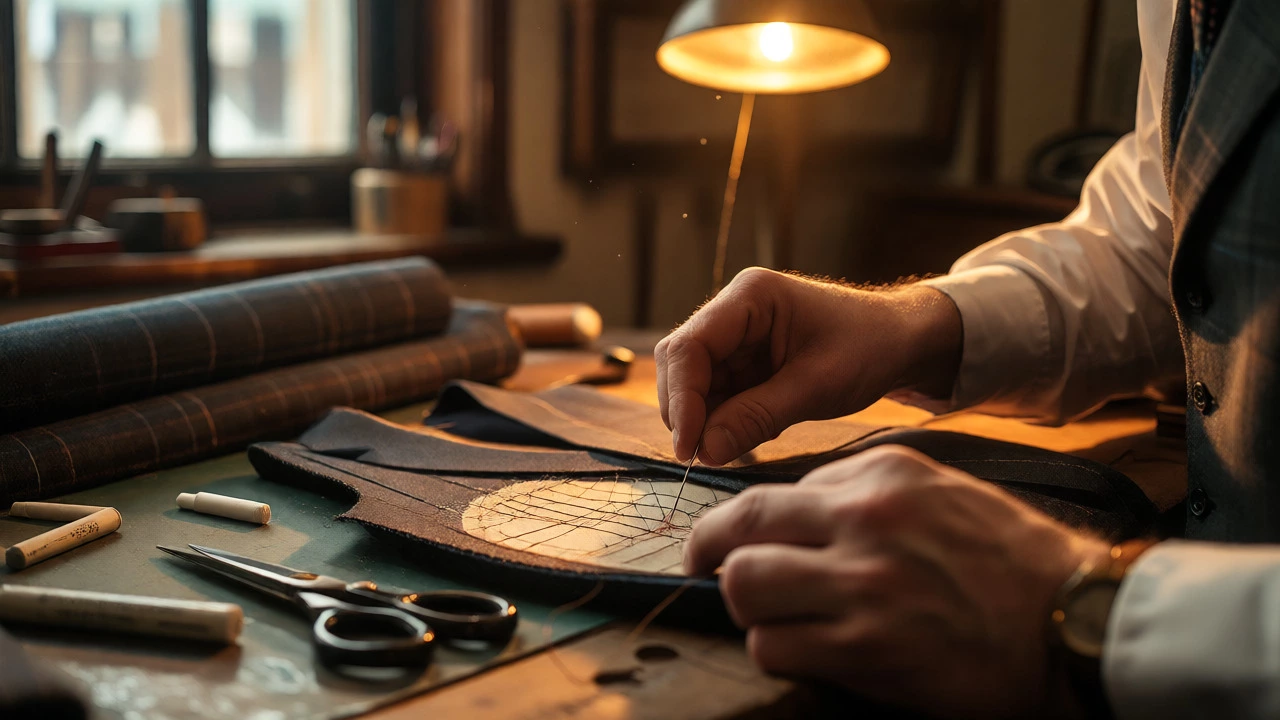 Tailor hand-stitching horsehair canvas into a suit jacket in a warm, lit workshop.