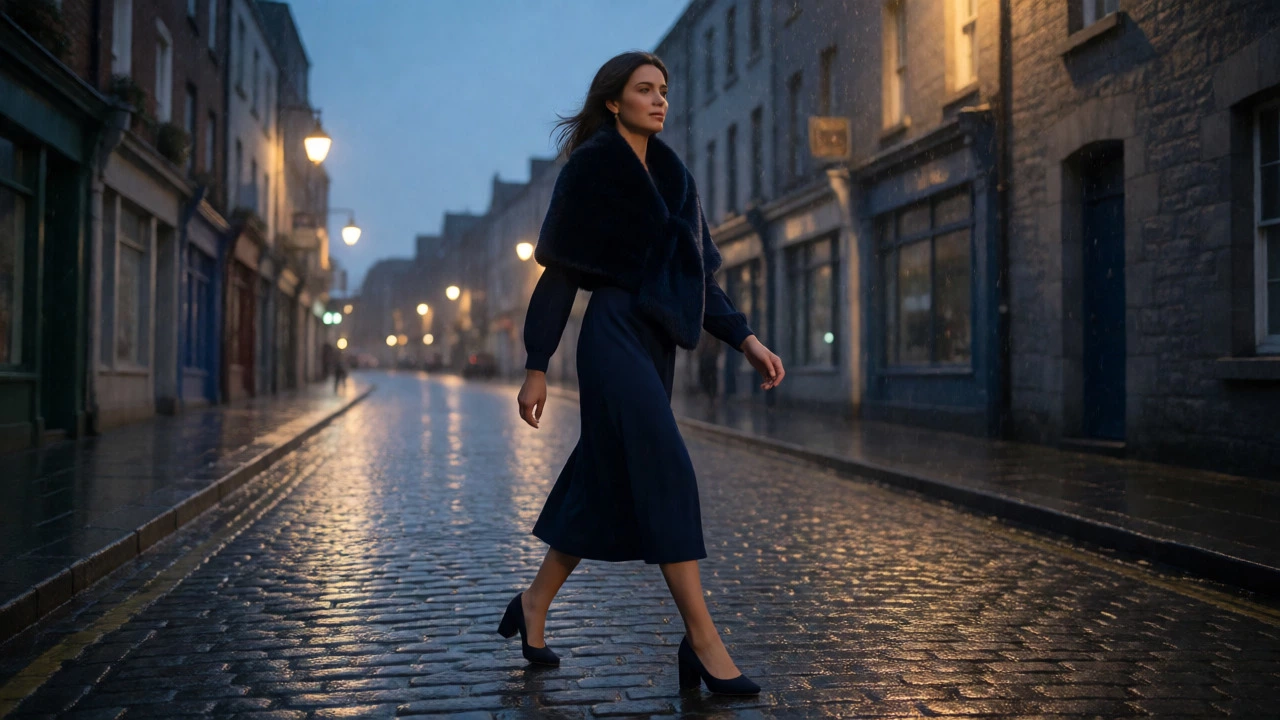 Woman in a navy crepe dress walking on wet cobblestones in Ireland.