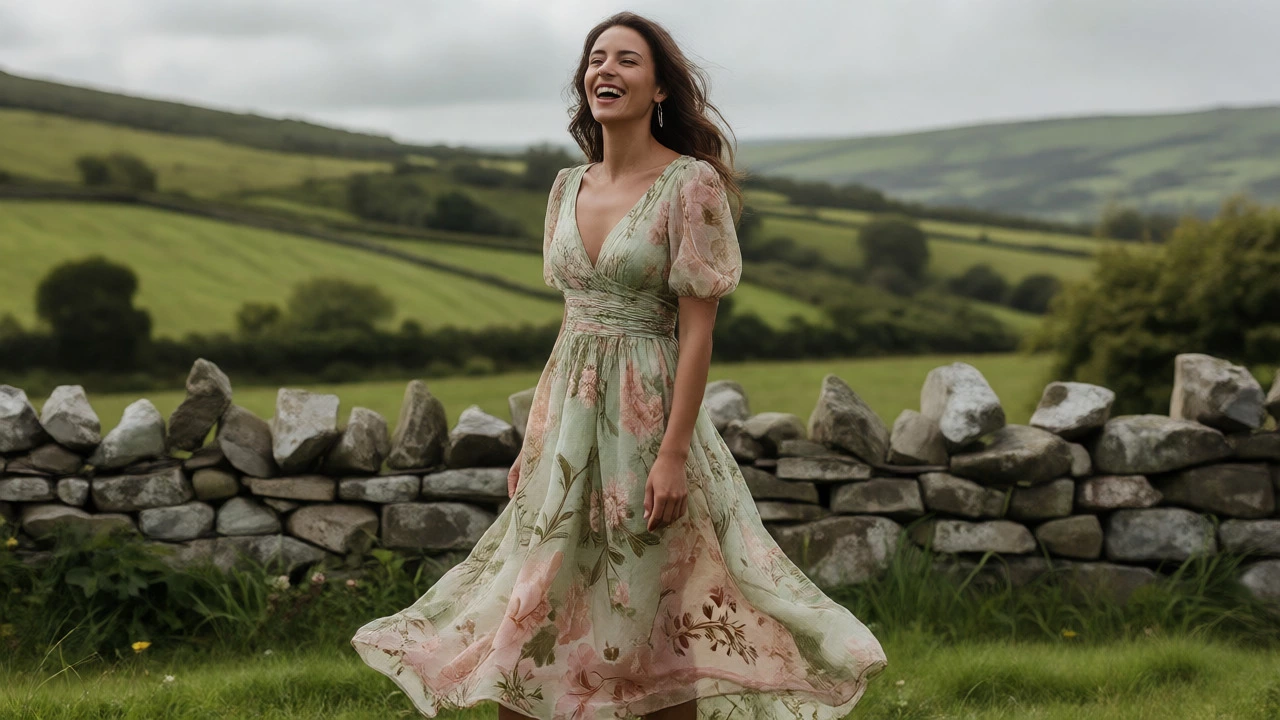 Woman in a sage green floral dress laughing at a rustic outdoor wedding in Ireland