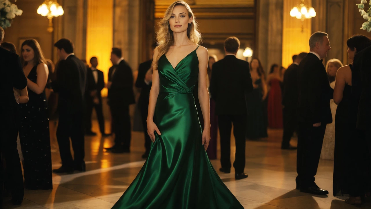 Woman in an emerald green silk gown at a Dublin gala, looking radiant and youthful