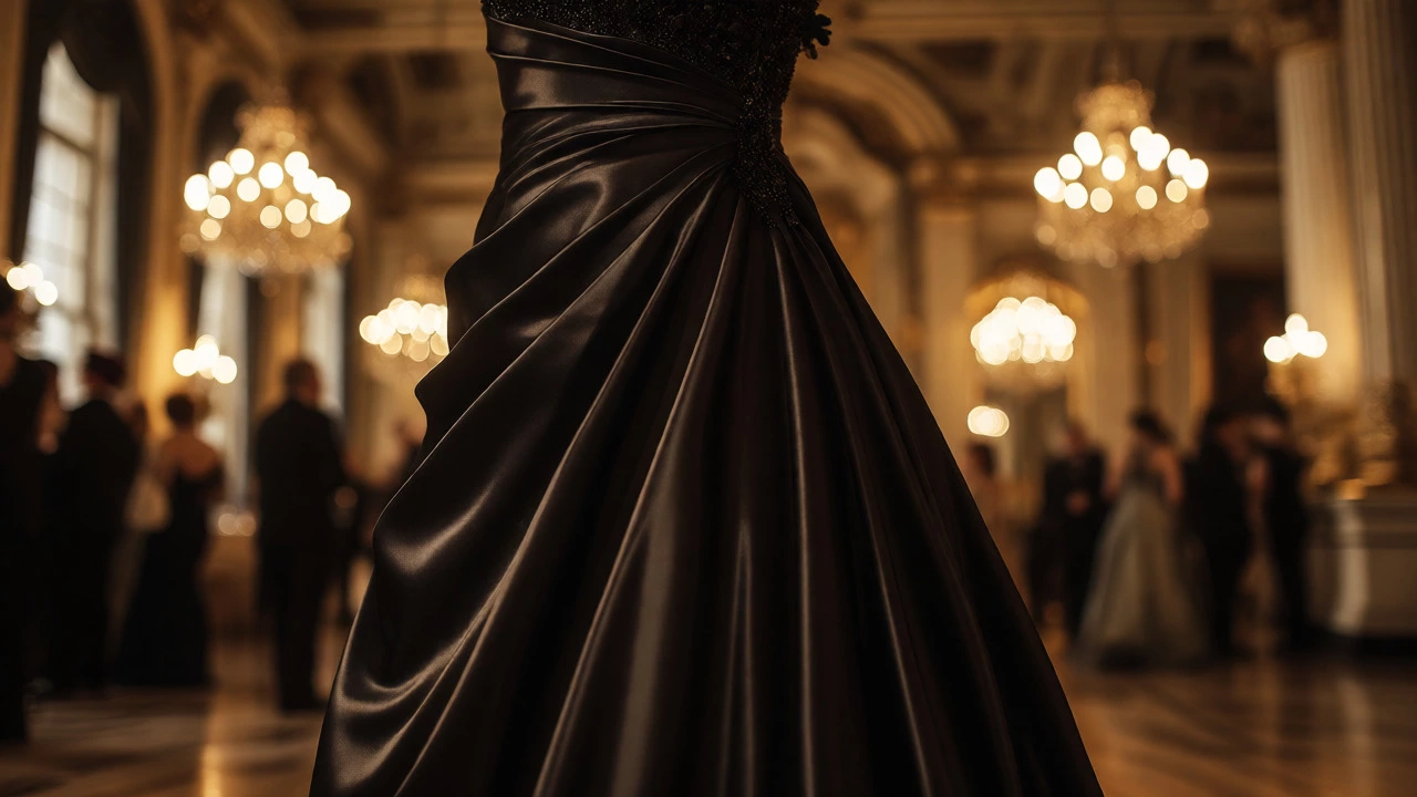 Close-up of a satin floor-length gown at a formal Irish gala