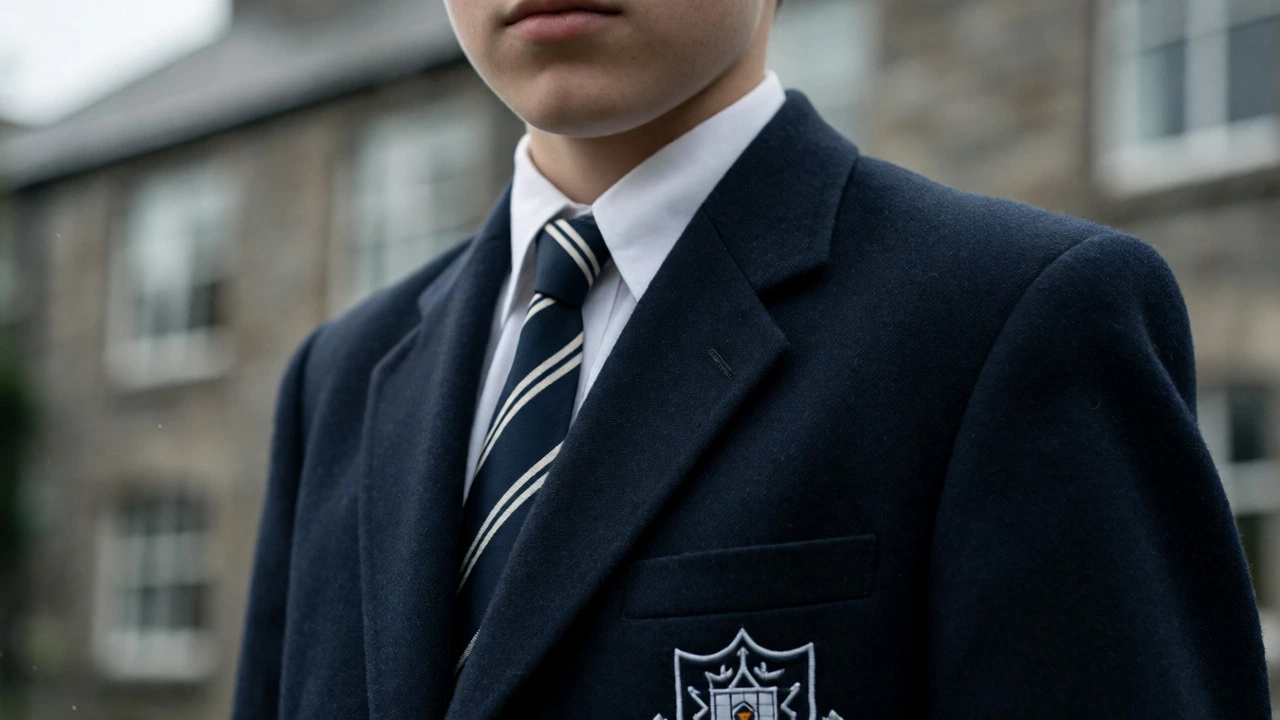 Close-up of an Irish student wearing a navy blazer and striped school tie