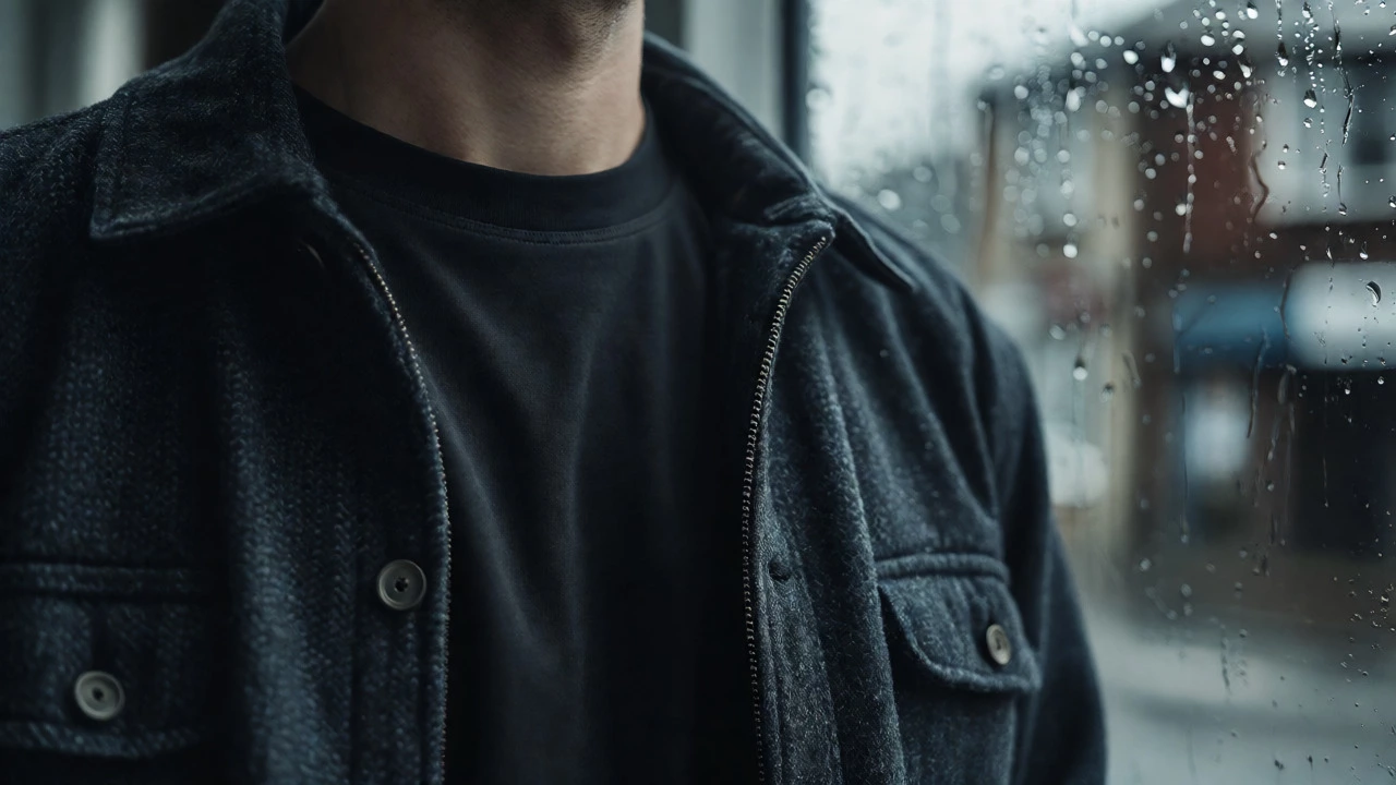 Close-up of black t-shirt layered under wool jacket in rainy Irish weather