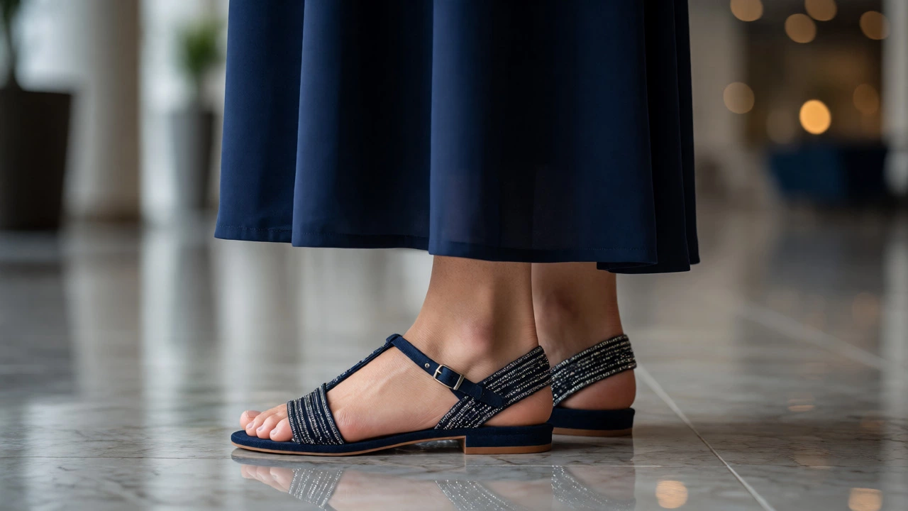 Close-up of navy dress hem and stylish flat sandals