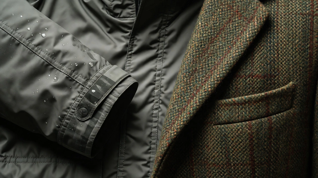 Close-up of waterproof parka and tweed textures