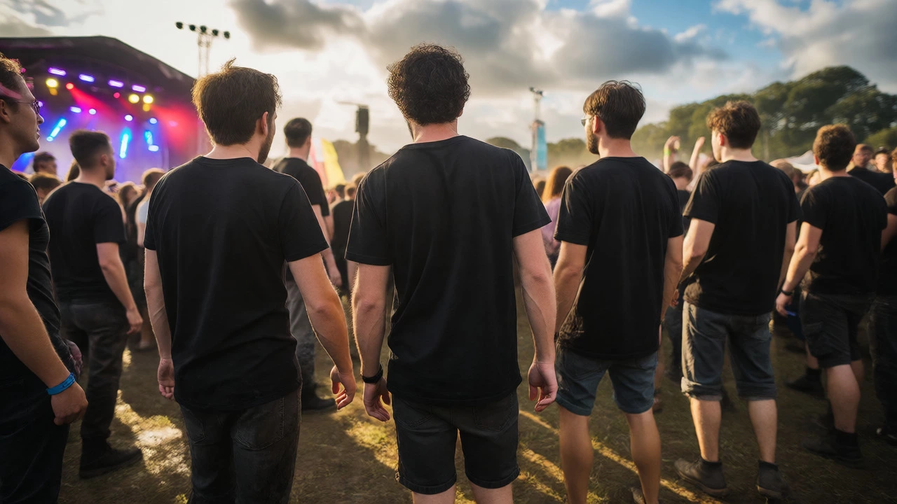 Festival-goers wearing black t-shirts at an outdoor music event in Ireland