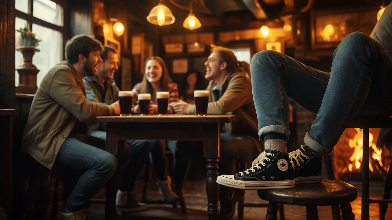 Friends in an Irish pub wearing casual Converse sneakers