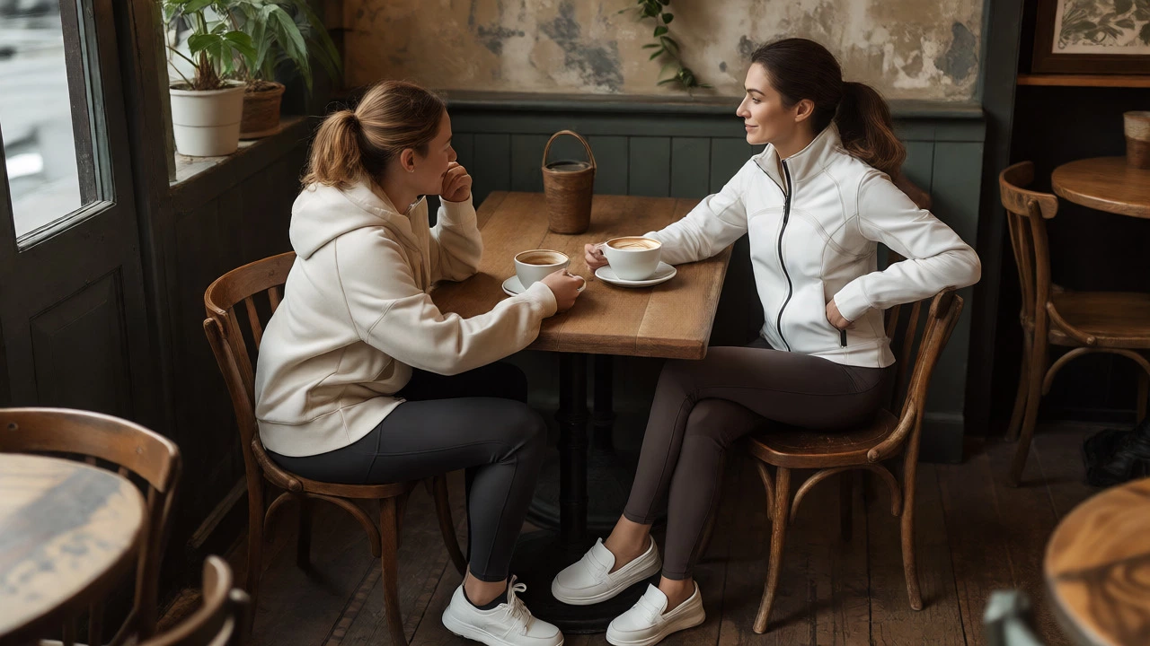 Friends in stylish activewear chatting in a cozy Irish café