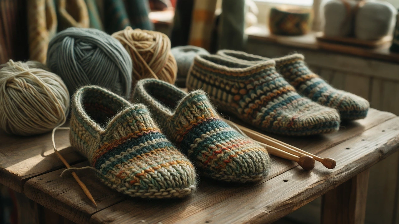 Handmade Donegal Tweed wool slippers with knitting materials
