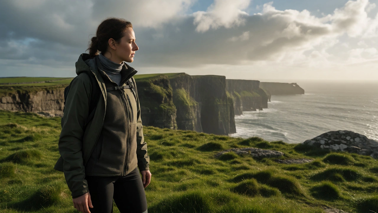 Hiker in layered activewear standing before the Cliffs of Moher