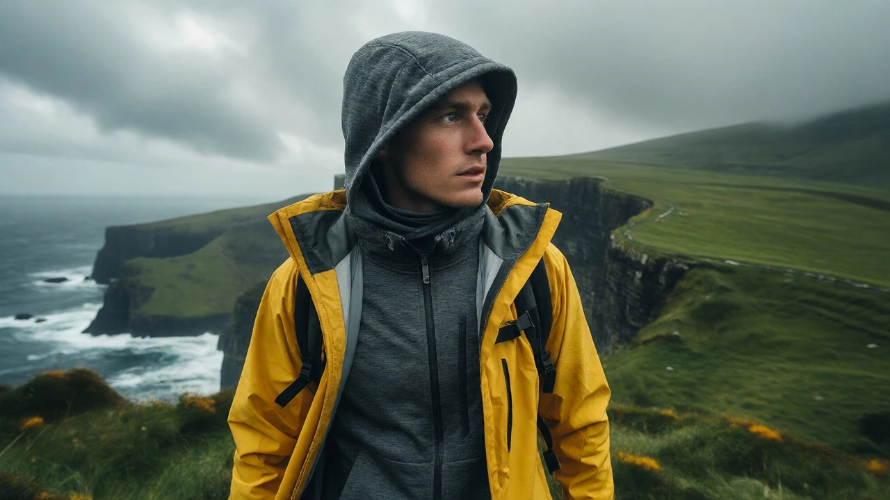 Hiker wearing merino zip-up hoodie under waterproof shell at Cliffs of Moher