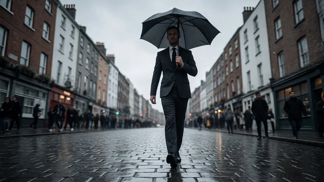 Man in suit walking on rainy Dublin street