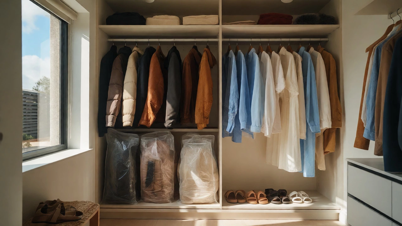 Organized wardrobe with sealed winter clothes and summer essentials