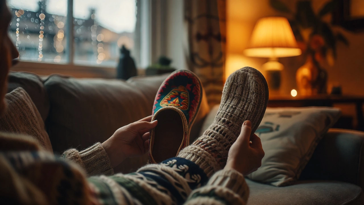 Person examining Mexican indoor slippers in a cozy, dimly lit living room