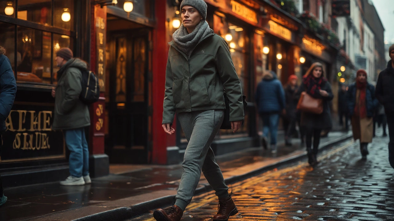 Person in athleisure walking through rainy Temple Bar streets