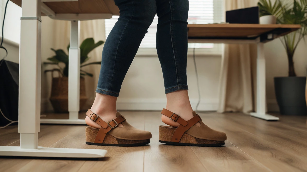 Person wearing supportive cork-soled clogs while working from home