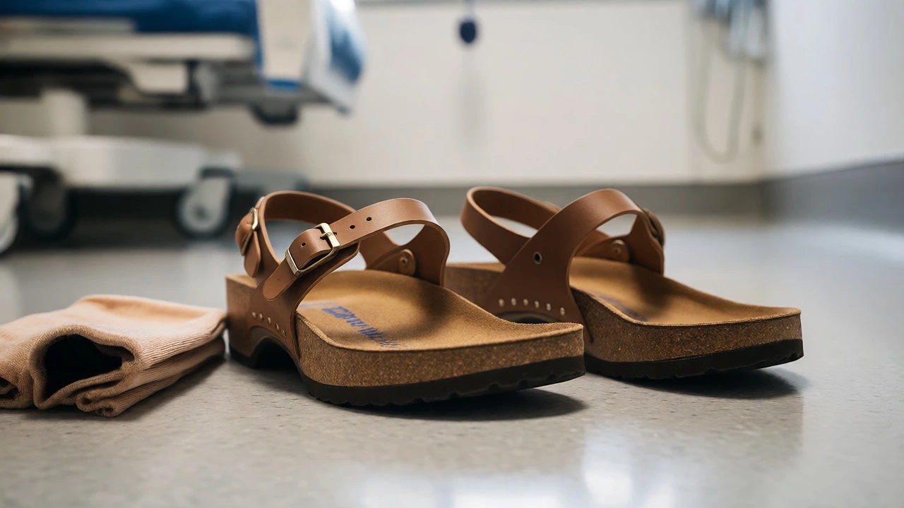 Professional clogs and compression socks in a sterile hospital setting
