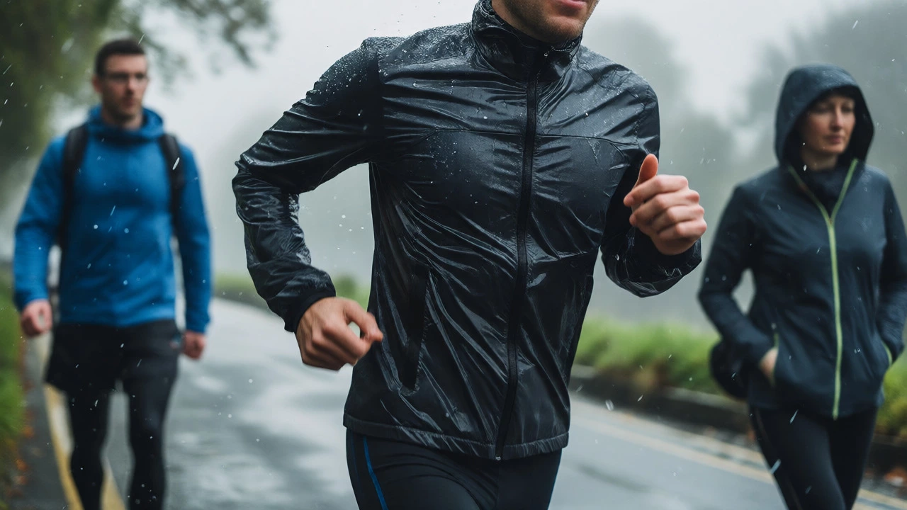 Runner in technical gear sprinting in rain vs pedestrians in soft activewear