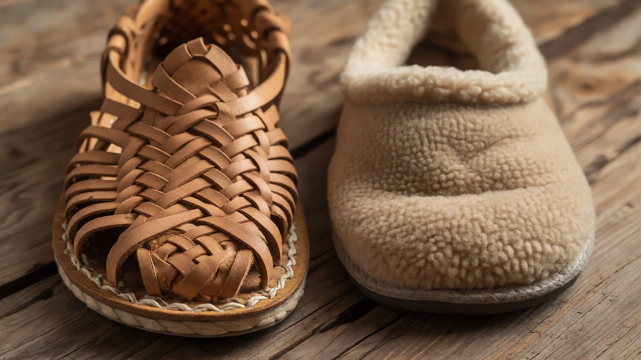 Side-by-side comparison of a woven leather huarache and a fuzzy pantufa slipper
