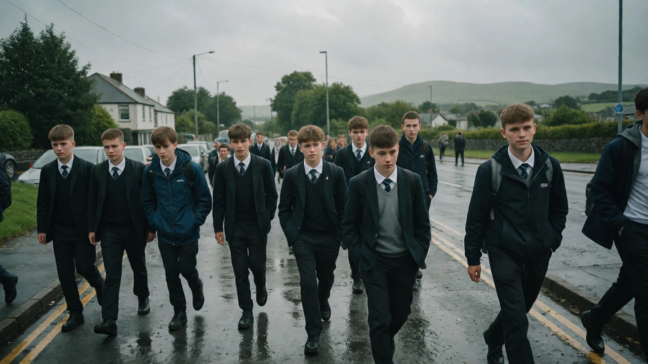 Teenagers in mixed school uniforms walking through a rainy Irish town