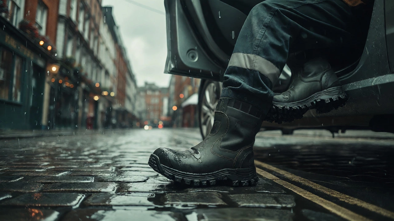 Waterproof safety boots stepping onto wet Irish cobblestones in rain