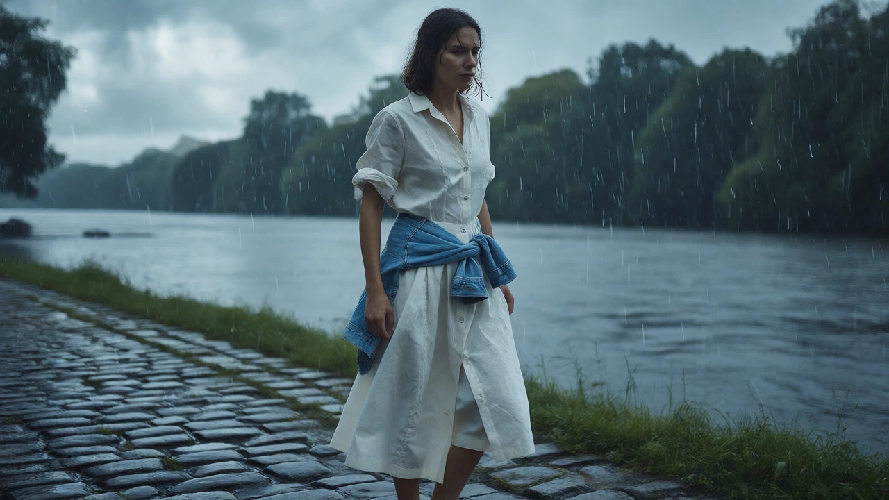 Woman in a cotton dress standing near the Liffey riverbank during an Irish summer rain shower.