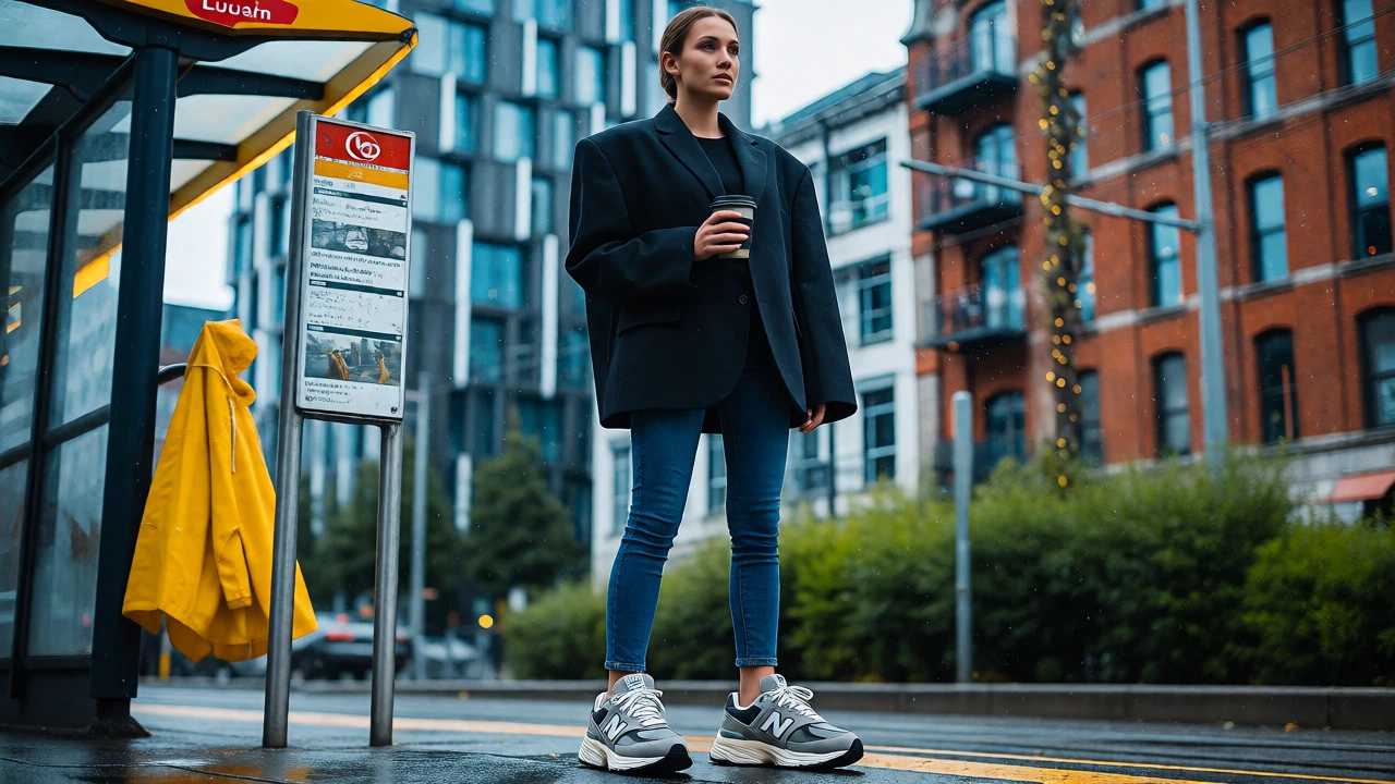 Woman styling skinny jeans with oversized blazer near Dublin Luas tram