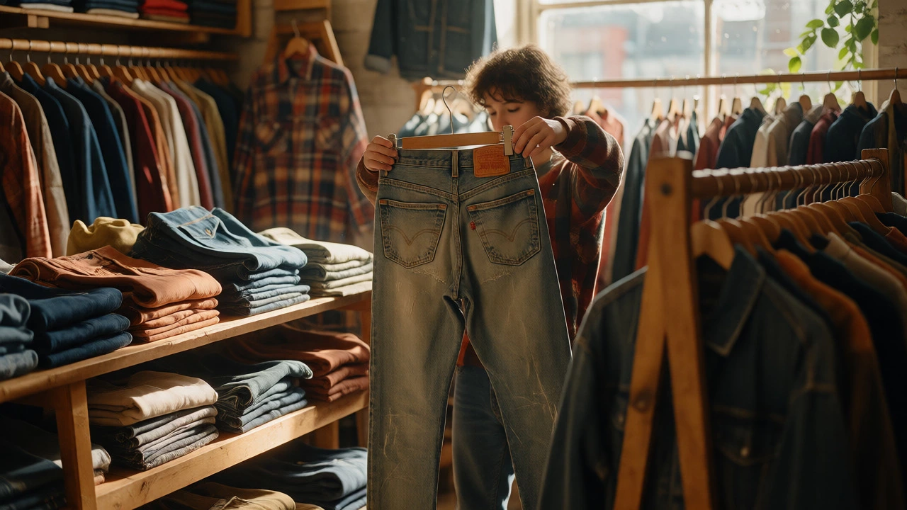 Young person browsing vintage denim in a sunlit Dublin charity shop
